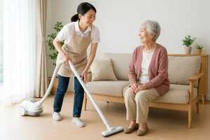 家事援助:掃除・洗濯・買い物・調理など日常家事を支援する様子